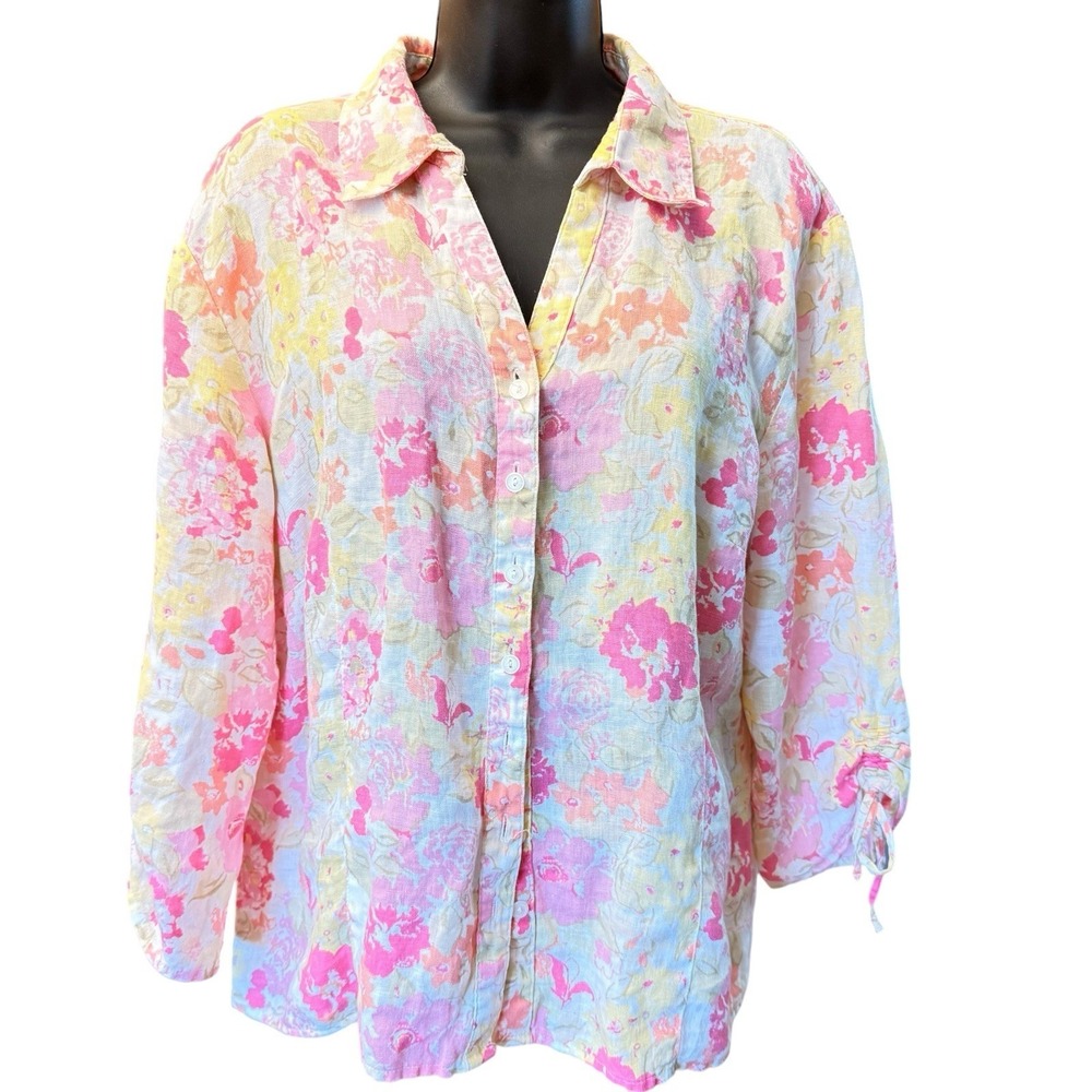 JM Collection Shirt Blouse Womens 18 Linen Floral 3/4 Tie Sleeve Button Front
